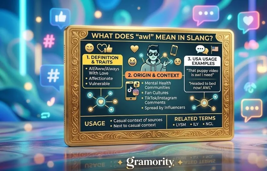 A colorful digital slang infographic presented inside the frame of the golden tablet on a vibrant teal background. The infographic is titled "WHAT DOES 'awl' MEAN IN SLANG?" and features a central illustration of a young man surrounded by social media icons. It includes three structured panels with minimalist icons: Panel 1 defines the traits as "All/Aww/Always With Love" and "Affectionate," Panel 2 traces the origin to TikTok, Instagram, and mental health communities, and Panel 3 provides real-life USA usage examples. A bottom section contrasts general usage rules with related terms like LYSM, ILY, and NGL, while the Gramority logo is displayed neatly at the bottom center.
