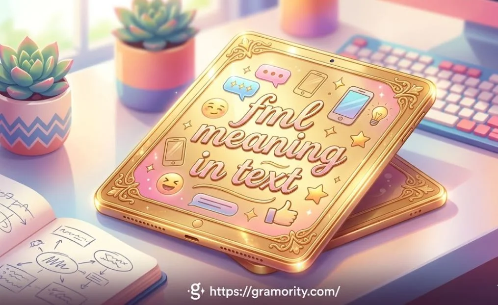 A beautiful, golden tablet resting on a modern desk setup featuring the phrase "fml meaning in text" on its screen. The digital screen displays vibrant pastel colors, speech bubbles, stars, and emojis, giving it a cute and fresh look. The tablet is surrounded by small succulent plants, a colorful keyboard, and a notebook. At the bottom center, the logo text "https://gramority.com/" is cleanly displayed.