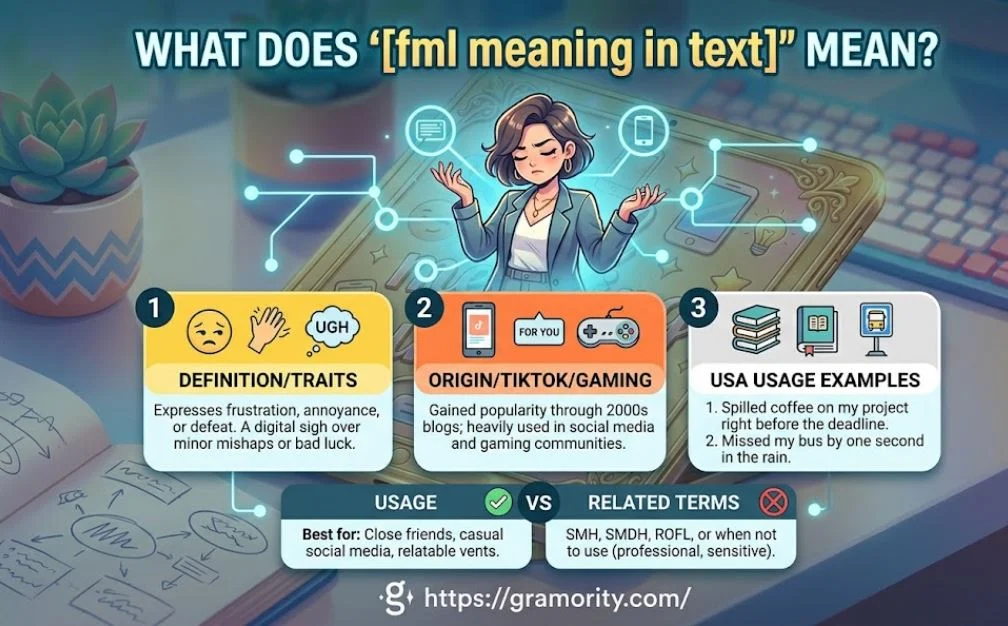 A clean slang infographic titled "WHAT DOES '[fml meaning in text]' MEAN?" featuring a frustrated female character surrounded by glowing cyan nodes. It has three numbered panels defining the slang's traits (frustration/defeat), its origin (2000s blogs, TikTok, and gaming), and real-life USA usage examples. A bottom comparison block details appropriate usage versus related terms like SMH, with the website link "https://gramority.com/" centered at the very bottom.
