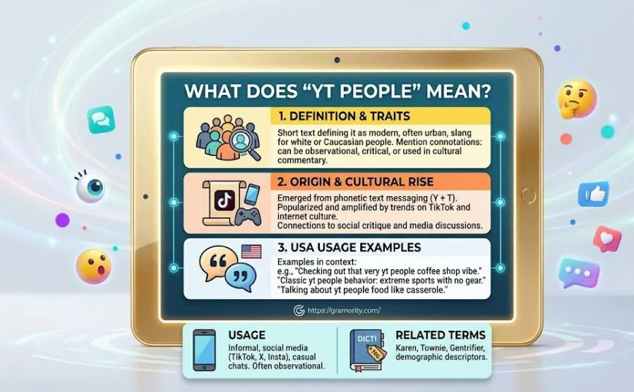 A compact internet slang infographic displayed on a golden tablet screen titled "WHAT DOES 'YT PEOPLE' MEAN?". The screen features three structured panels with yellow, orange, and white headers detailing the definition, phonetic origin, and real-world USA examples of the slang, complete with minimalist icons and a blue/teal digital background. The bottom bar includes quick-reference blocks for "USAGE" and "RELATED TERMS" alongside the Gramority branding.