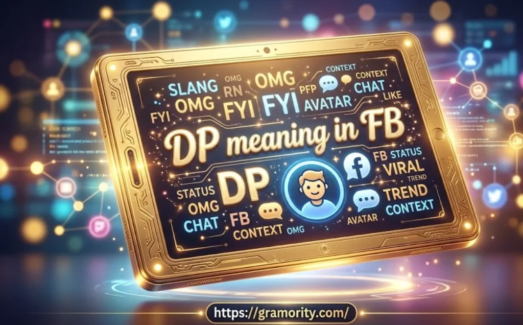 A sleek, high-quality golden tablet displaying the trending internet slang phrase "DP meaning in FB" alongside glowing social media icons, chat bubbles, and a cute profile avatar on a vibrant bokeh background, with the Gramority website link centered at the bottom.
