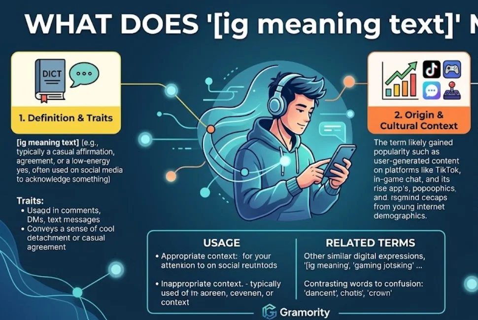 An informative slang infographic from Gramority explaining what "ig" means in text messages. The graphic features a blue and teal digital theme with a central illustration of a young man wearing headphones looking at his phone. Three numbered panels break down the term: 1. Definition & Traits, explaining it as a casual affirmation or low-energy agreement; 2. Origin & Cultural Context, showing its roots on TikTok and in gaming; and 3. USA Usage Examples, displaying realistic casual text conversations using the abbreviation.