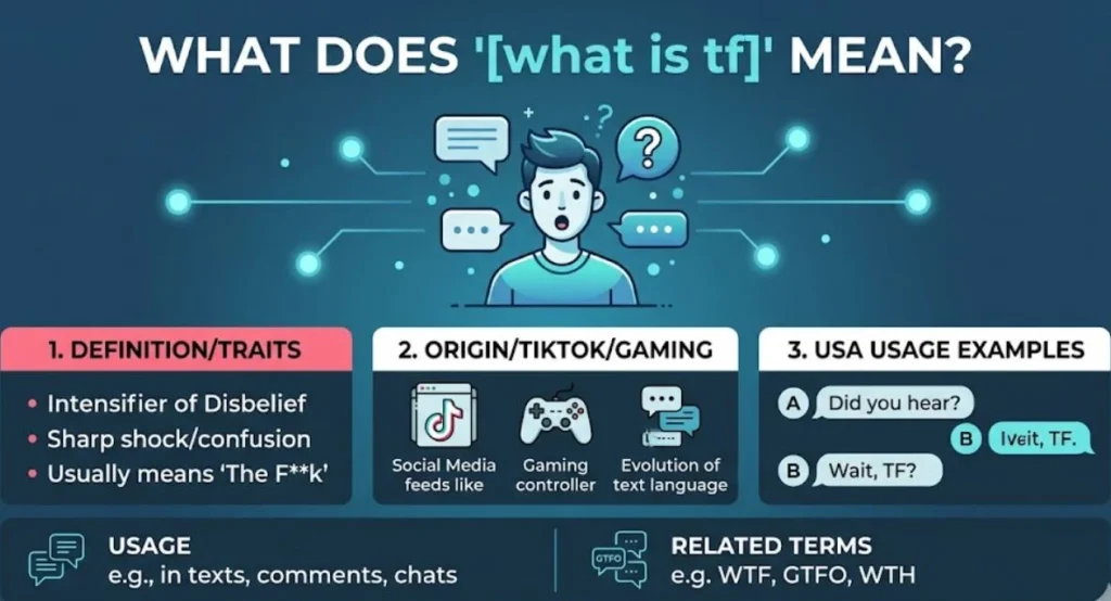 A clean, blue and teal slang infographic explaining 'what is tf' meaning in chat for Gramority.com. It features a center illustration of a surprised character surrounded by glowing communication nodes. The design includes three structured panels: 1. Definition/Traits outlining its use as an intensifier of disbelief, 2. Origin/TikTok/Gaming icons showing the evolution of text language, and 3. USA Usage Examples with chat bubbles. The bottom section compares usage and related terms, complete with the Gramority logo centered at the base.